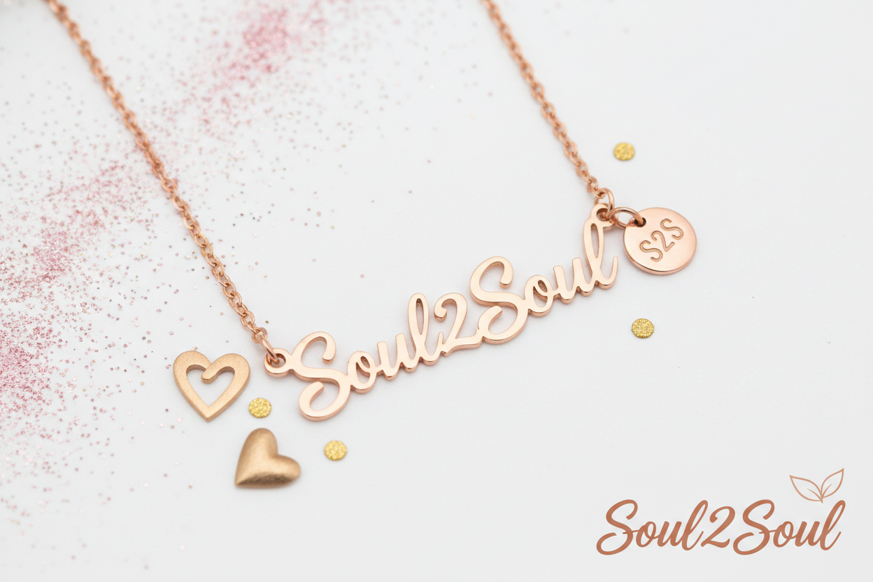 Rose gold 'Soul2Soul' necklace with heart charms on a white background